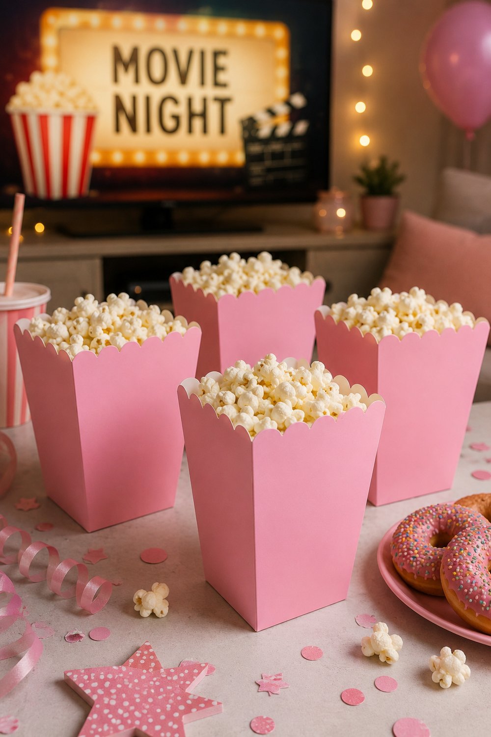 Mısır Kutusu Pop Corn Kutusu Pembe 8'li Doğum Günü Parti Sinema Temalı Patlamış Mısır Kutusu