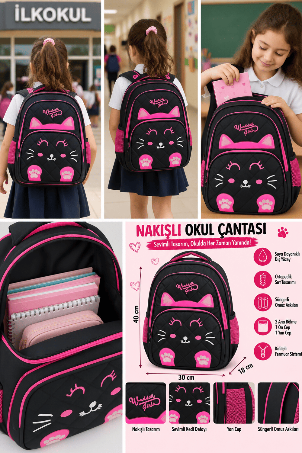 Nakışlı Okul Çantası Kedi 5011