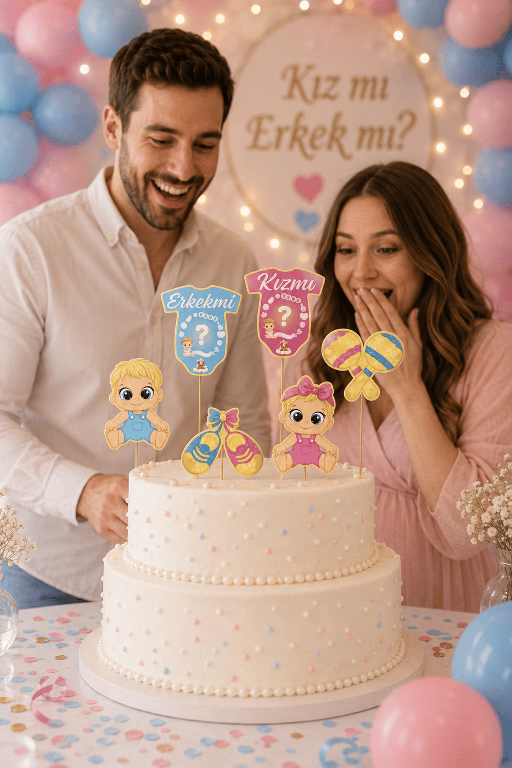 Pasta Süsü Cinsiyet Belirleme Seti 6'lı Kız mı Erkek mi 20x10 cm Baby Shower Parti Dekoru Süs