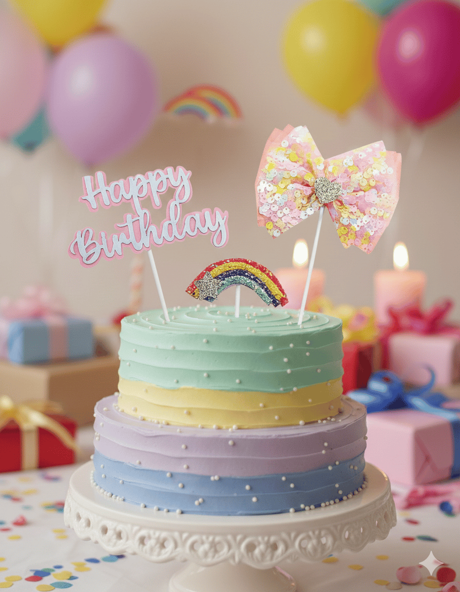 Pasta Üstü Happy Birthday Tüllü Gökkuşağı 3lü pembe tekrar kullanılabilen