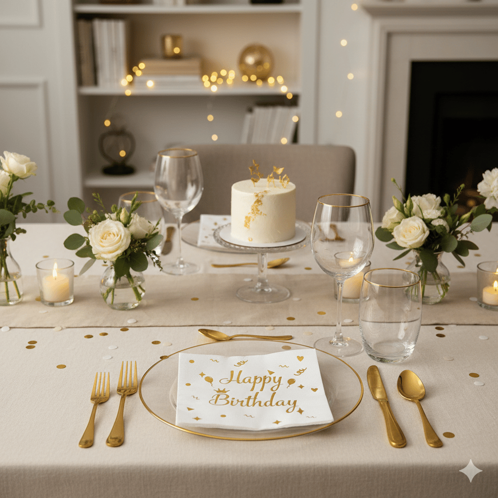 Peçete Varaklı Happy Birthday Beyaz Gold baskılı 20Lİ