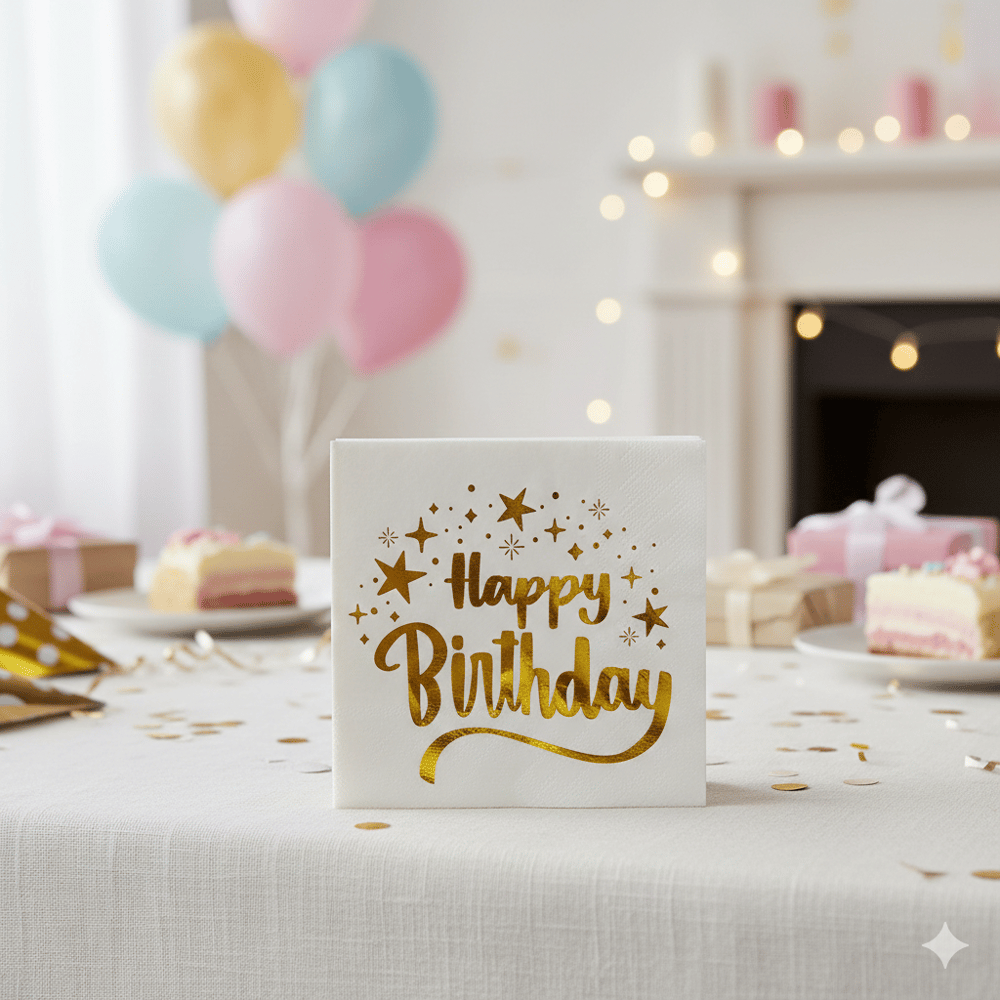Peçete Varaklı Happy Birthday Beyaz üst yıldızlı