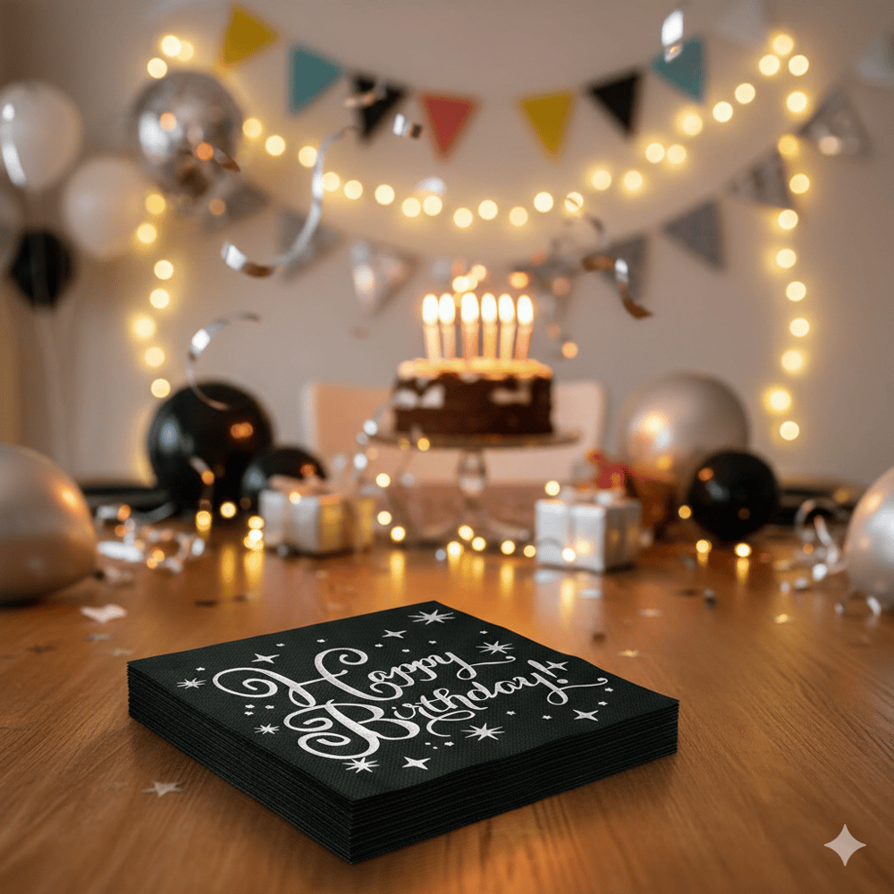 Peçete Varaklı Happy Birthday Siyah Gümüş baskılı 20 4574-SL