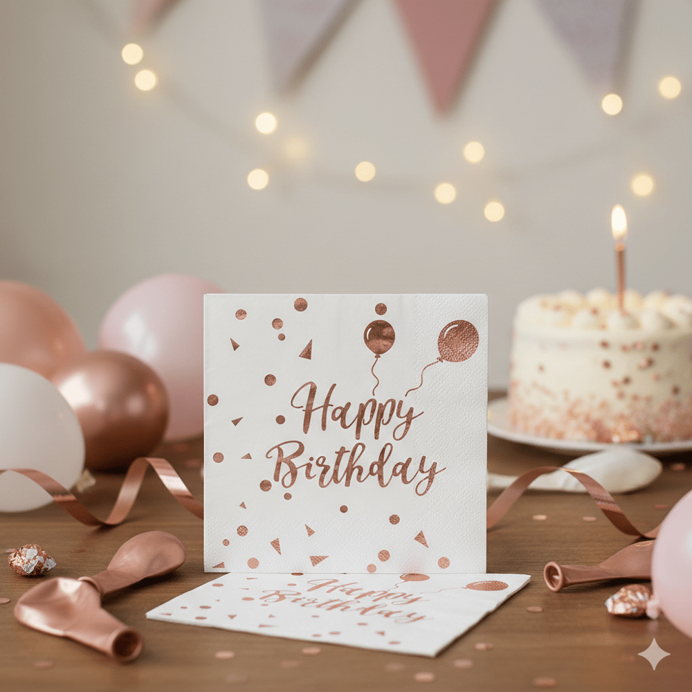 Peçete Varaklı Happy Birthday yazı beyaz üstü rose