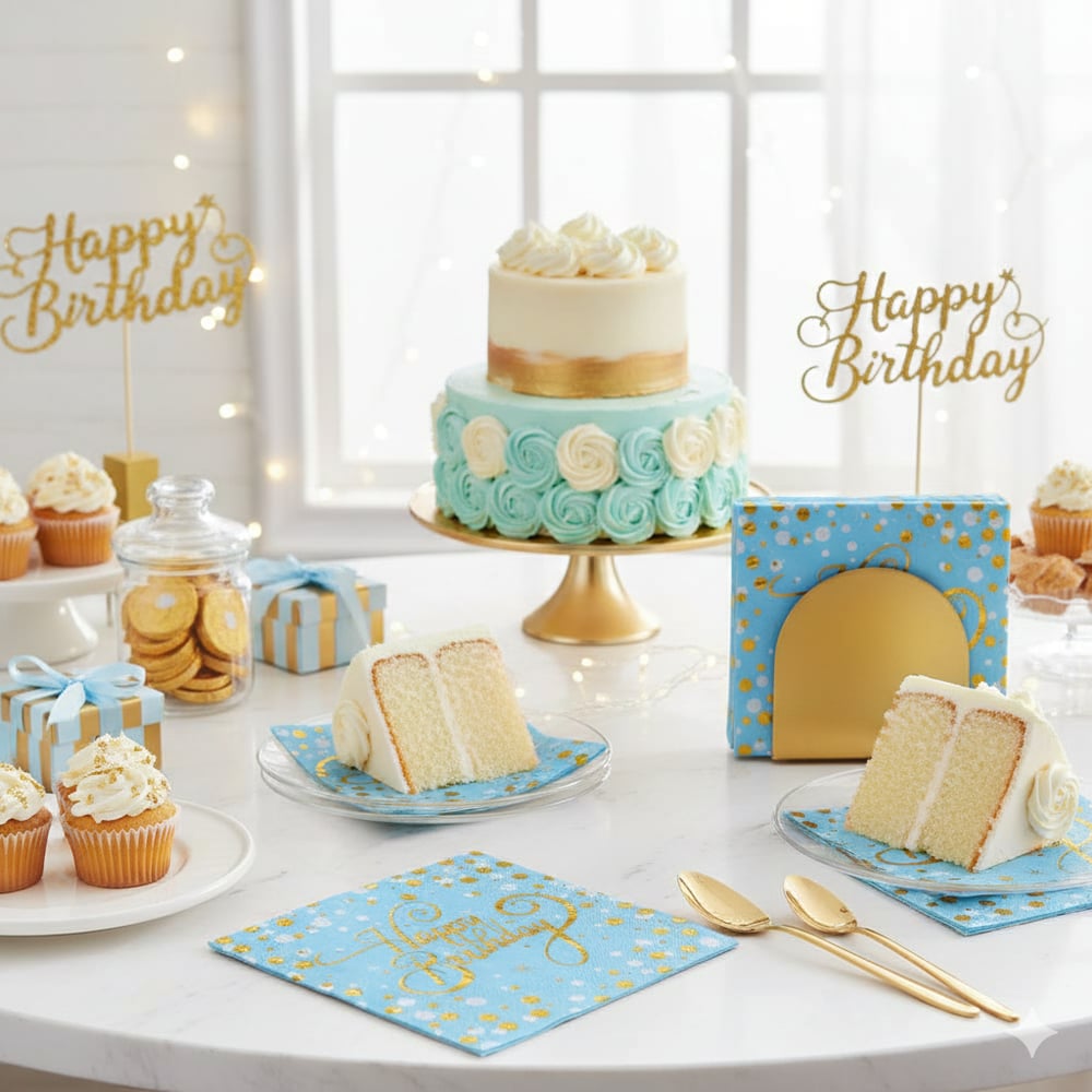 Peçete Varaklı Happy Birthday yazı mavi üstün gold