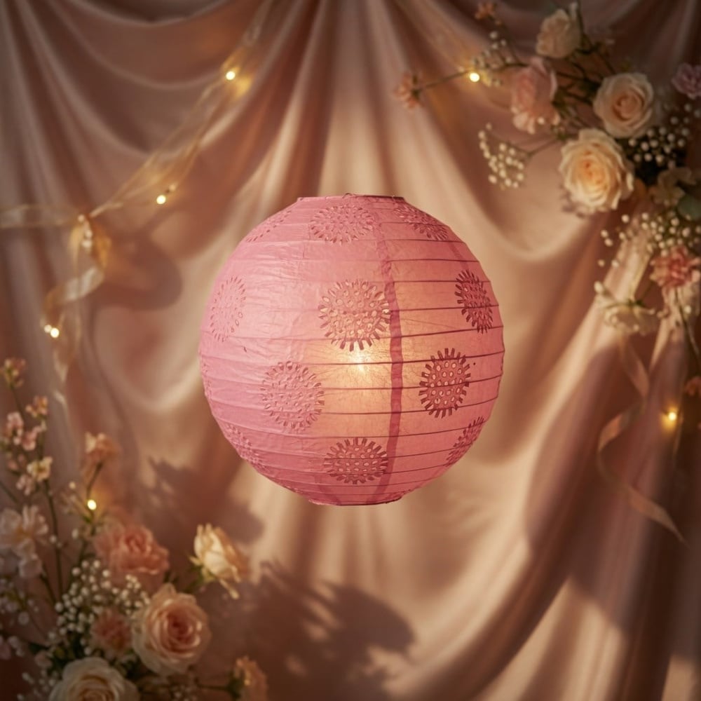 Pembe Dantelli Japon Feneri Çin Feneri 35 cm Dekoratif Asma Parti ve Etkinlik Süsü