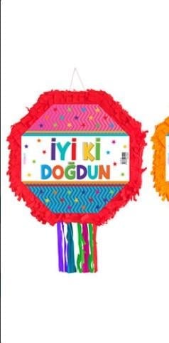 Pinyata İyiki Doğdun yazılı kırmızı renkli 42cm sopalı püsküllü gerçek patlayan doğum günü pinyata