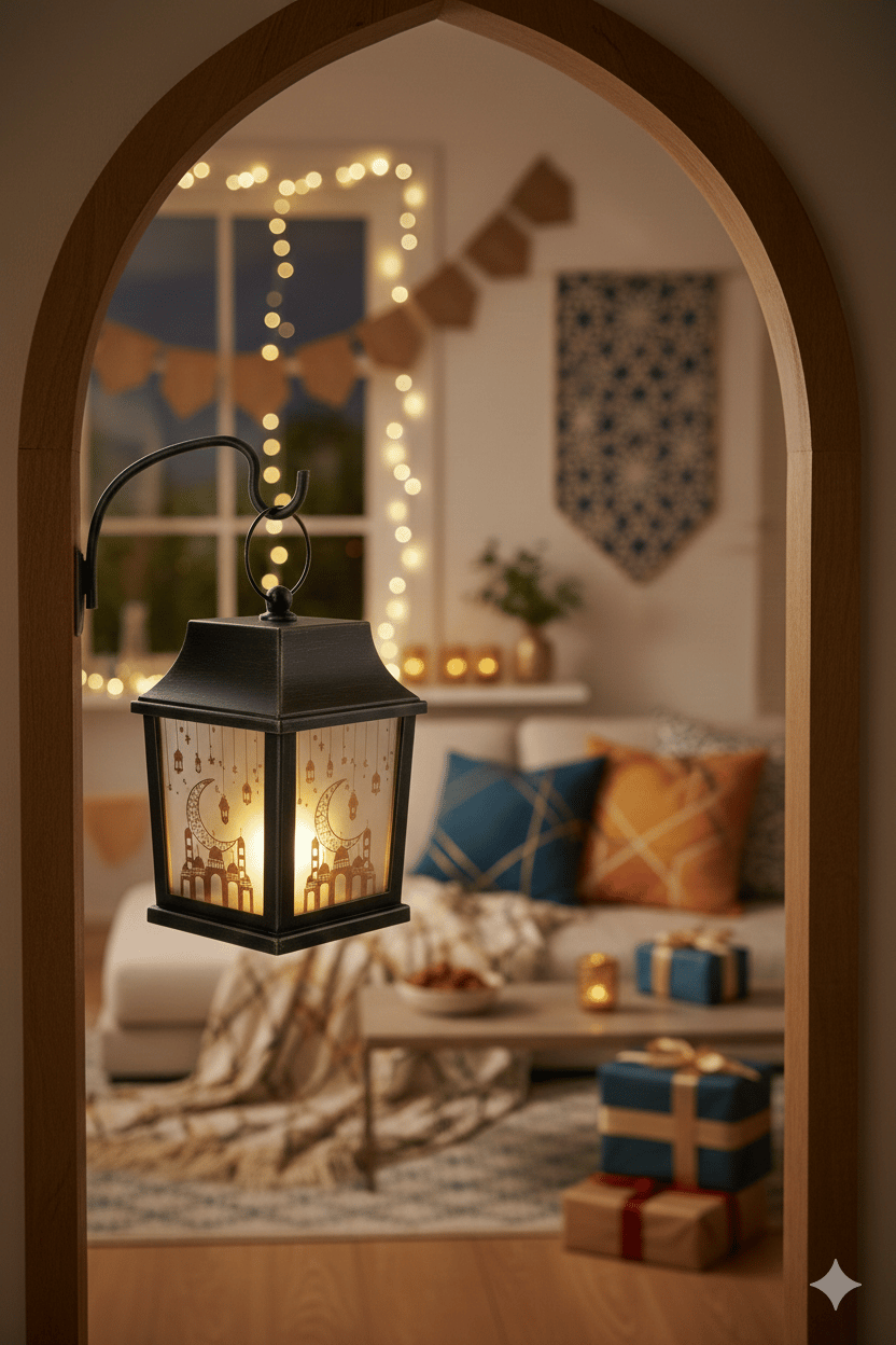 Ramazan Ledli Fener Kare Gümüş Aynalı Model  10 Cm Pil içinde
