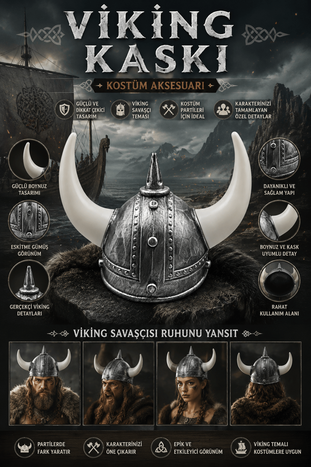 Şapka Plastik Miğfer Viking 3 Boynuzlu Gümüş