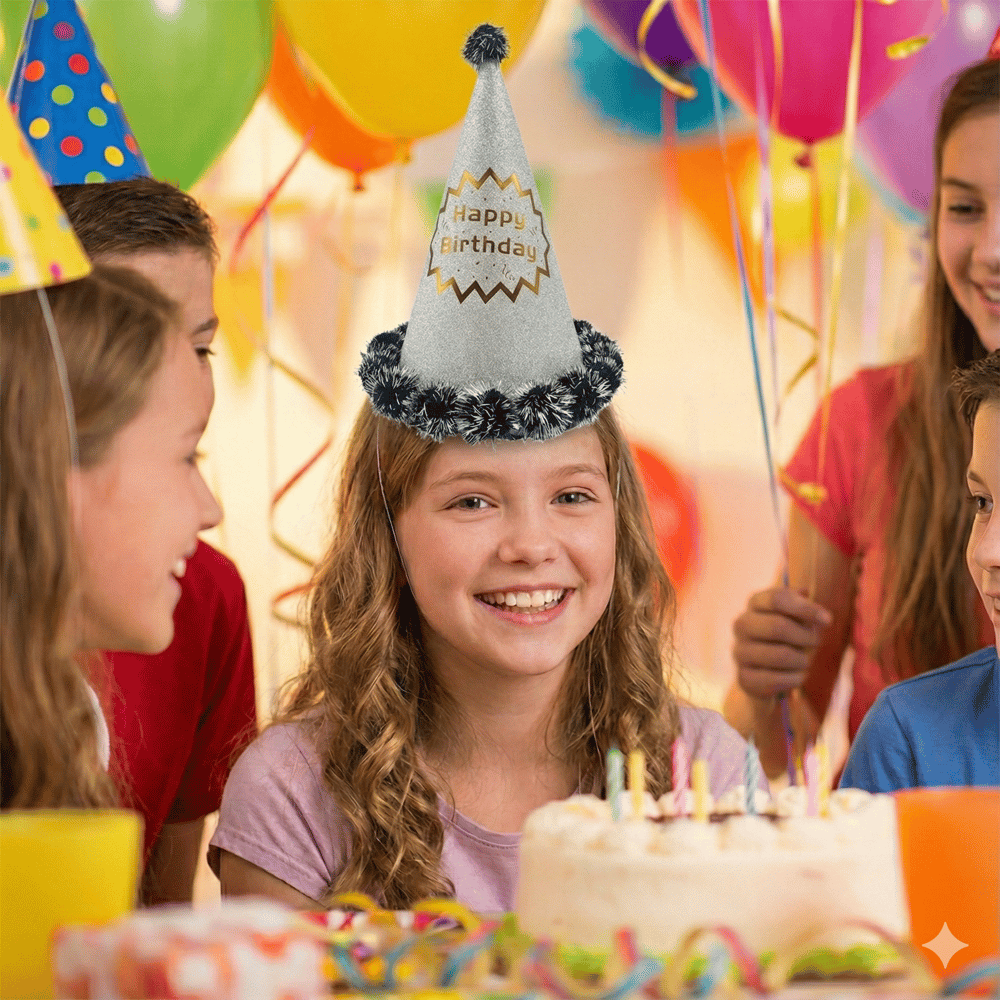 Şapka Ponponlu SİMLİ GÜMÜŞ happy birthd 25cm