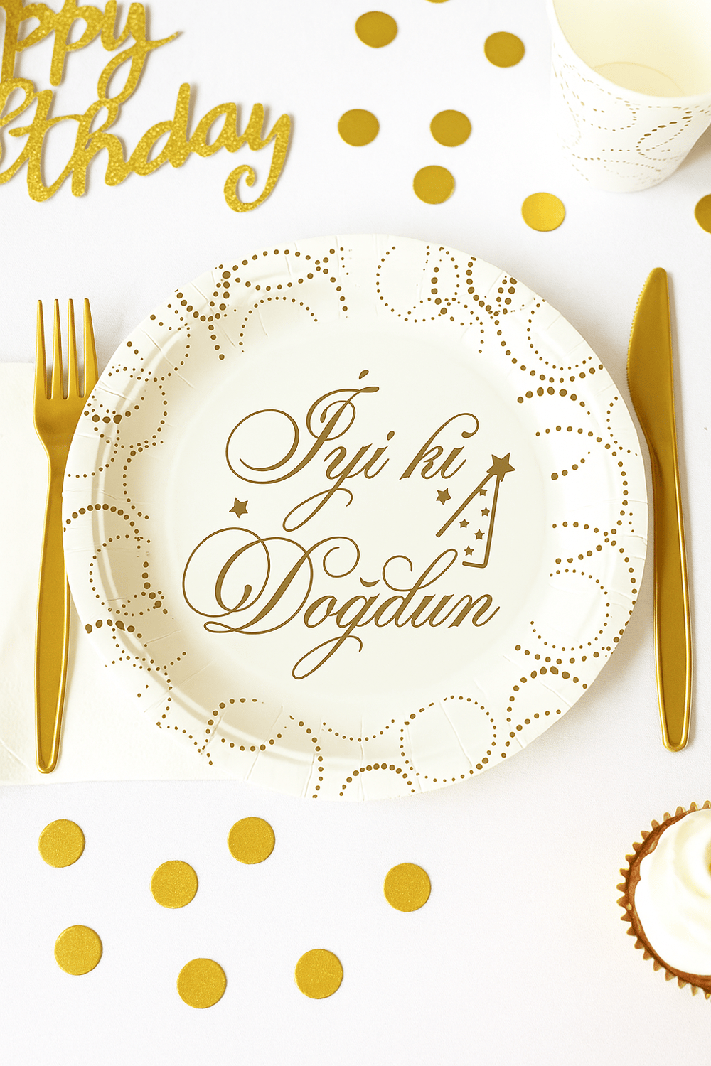 Tabak Elegant İyi ki Doğdun Beyaz Noktalı 23cm 6lı Lüks Doğum Günü Tabağı 