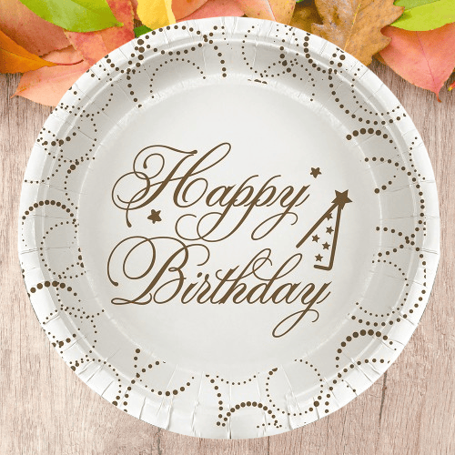 Tabak elegant Lüks Happy Birthday Beyaz Noktalı 23cm 6lı Varaklı Doğum Günü Tabağı