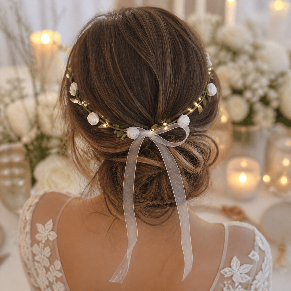Taç bride Çember Çiçekli Işıklı  beyaz 4954