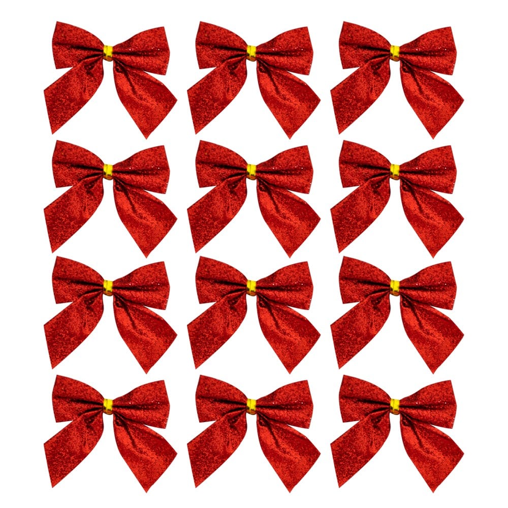 Yılbaşı Ağaç süsü 4 cm 12li simli fiyonk kırmızı