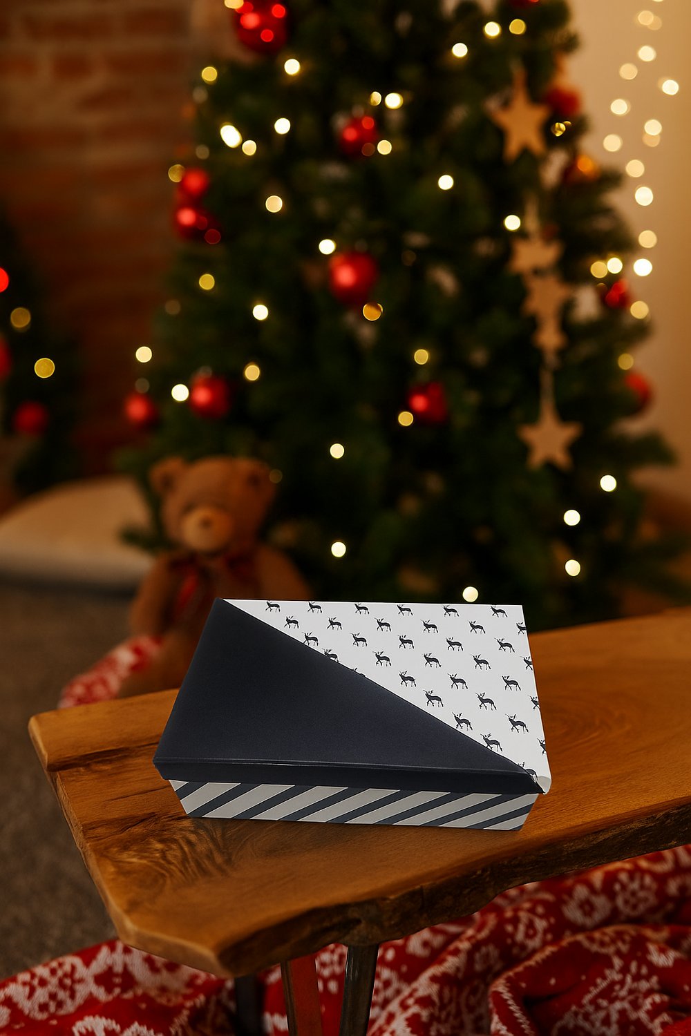 Yılbaşı Hediyelik Lüks Karton Kutu Cepli Dikdörtgen 14x20x8 Geyikli Siyah Beyaz