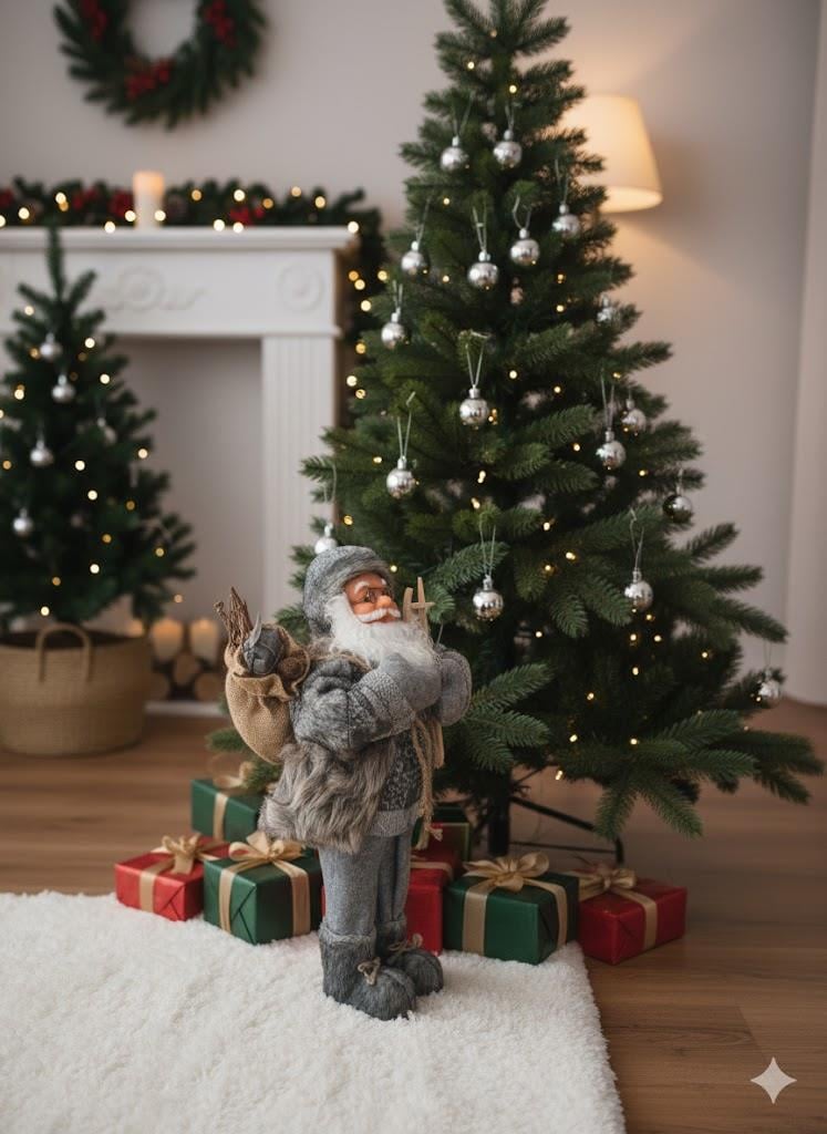 Yılbaşı Noel baba 60 cm kayak takımlı model Gri Kürklü Çuvallı