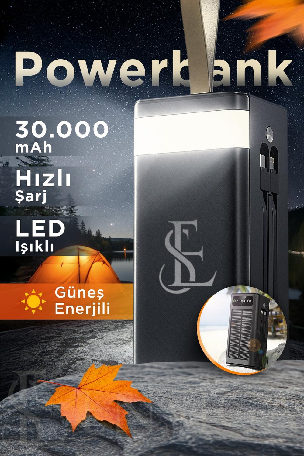 Ape Solar 30.000 Mah Güneş Enerjili Led Işıklı Powerbank Şarj Aleti 2x Usb Çıkışlı Mikro Type-C