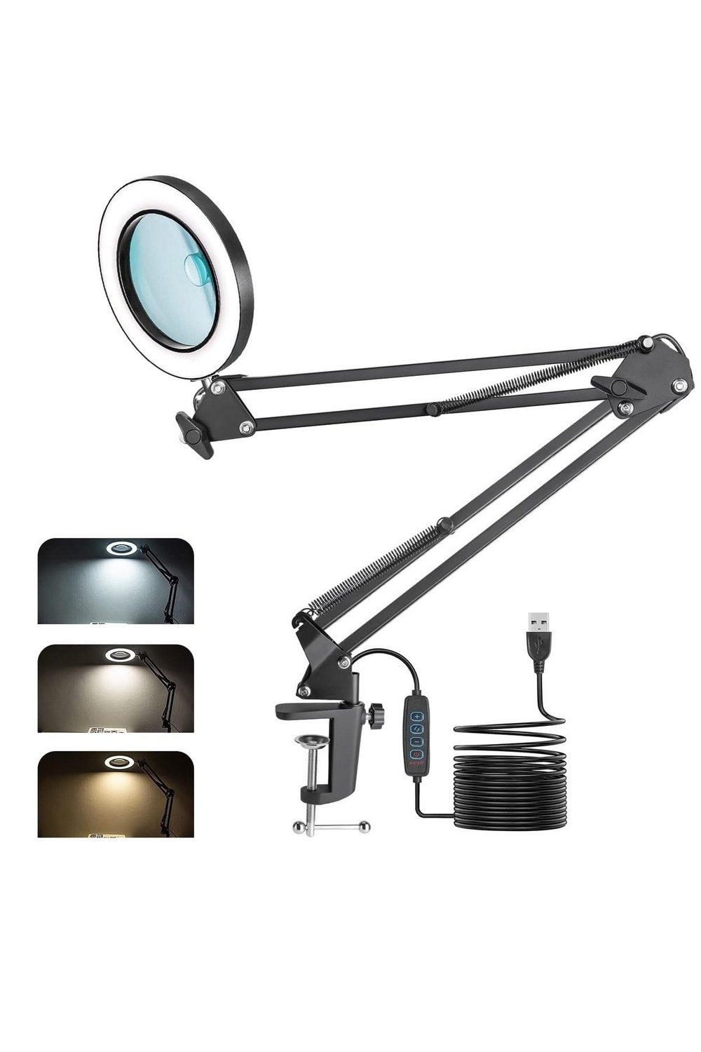 Büyüteçli Ring Light, LED büyüteç lambası, kıskaçlı, çalışma masası lambası, 3 renk modlu,