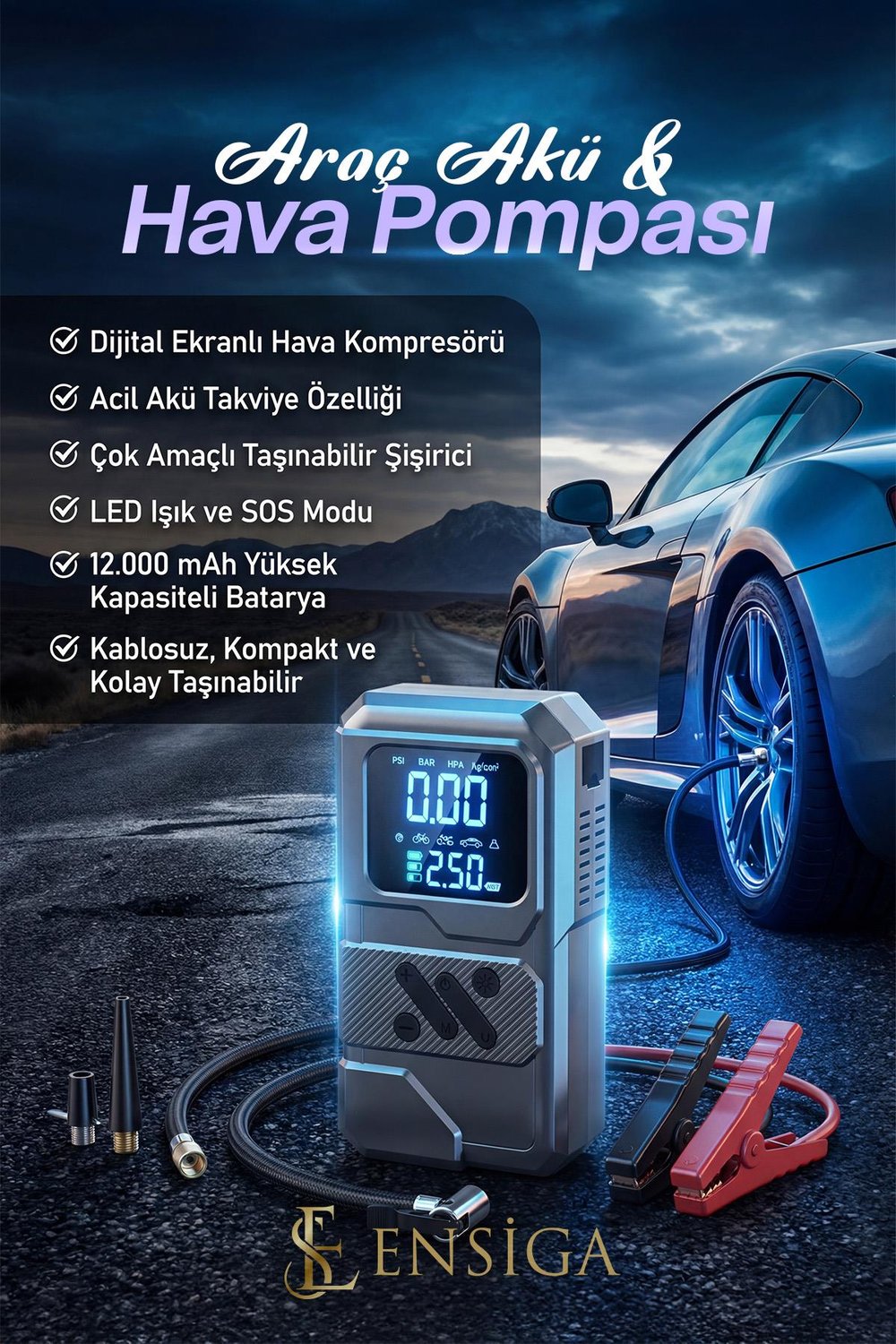 Dijital Ekranlı Taşınabilir Hava Kompresörü Çok Amaçlı Şarjlı Pompa LED Ekran 12000 mah