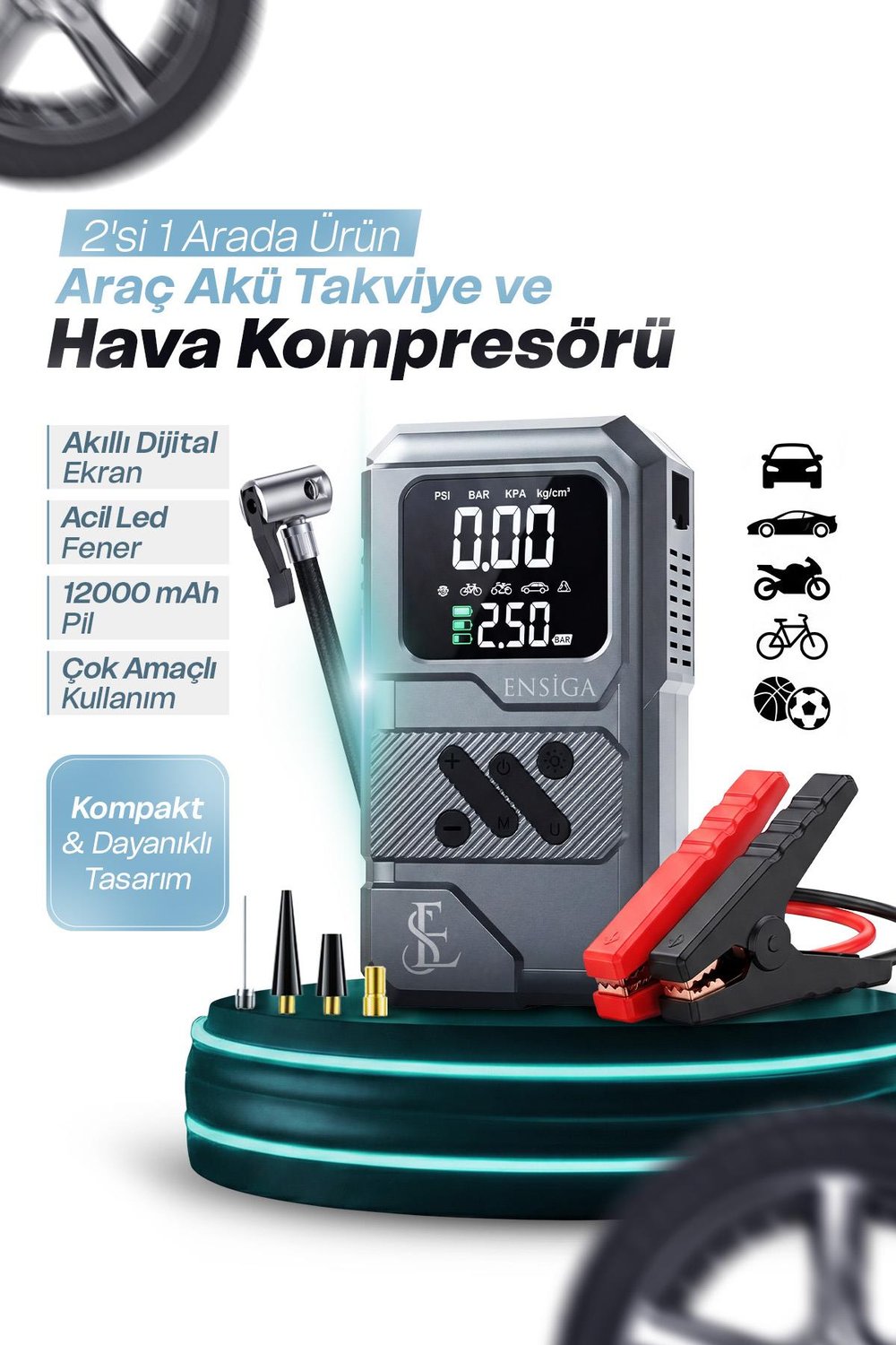 Dijital Ekranlı Taşınabilir Hava Kompresörü Çok Amaçlı Şarjlı Pompa LED Ekran 12000 mah