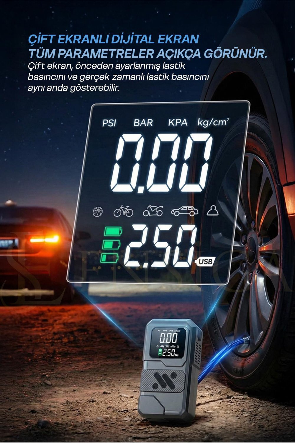 Dijital Ekranlı Taşınabilir Hava Kompresörü Çok Amaçlı Şarjlı Pompa LED Ekran 12000 mah