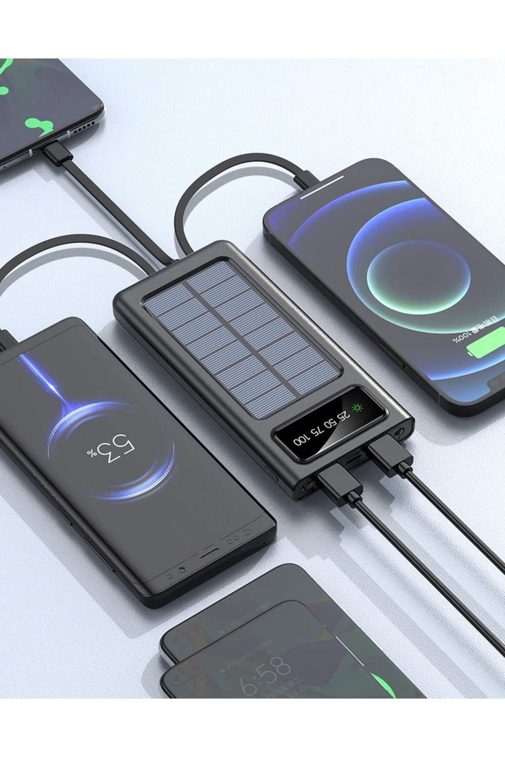 Solar 10.000 Mah Güneş Enerjili Led Işıklı Powerbank Şarj Aleti 2x Usb Çıkışlı Mikro Typc Lıghtnıng