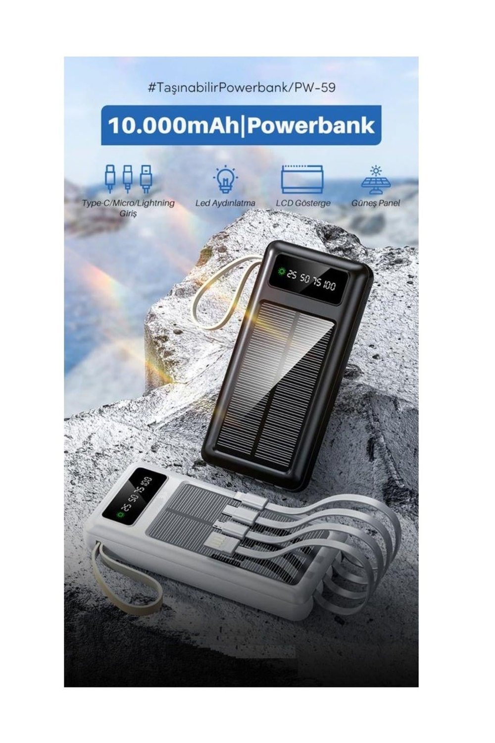 Solar 10.000 Mah Güneş Enerjili Led Işıklı Powerbank Şarj Aleti 2x Usb Çıkışlı Mikro Typc Lıghtnıng