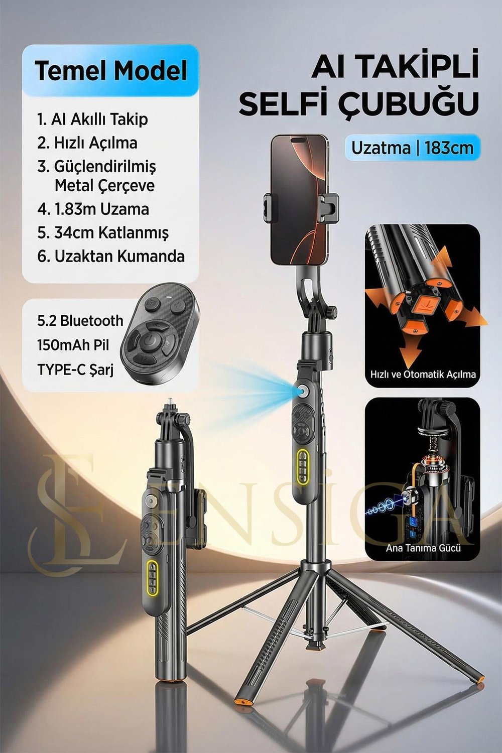 Yapay Zeka Yüz Takipli Sarsıntı Önleyici Telefon Tutucu Uzatılabilir Selfie Çubuğu Tripod