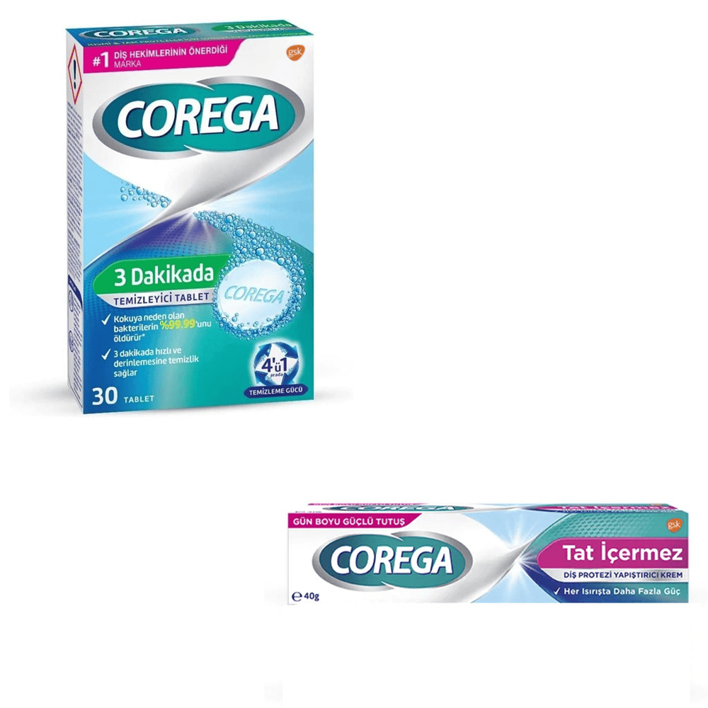 Corega 3 Dakikada Protez Temizleyici Tablet 30'lu + Corega Tat İçermez Diş Protezi Yapıştırıcı 40 G