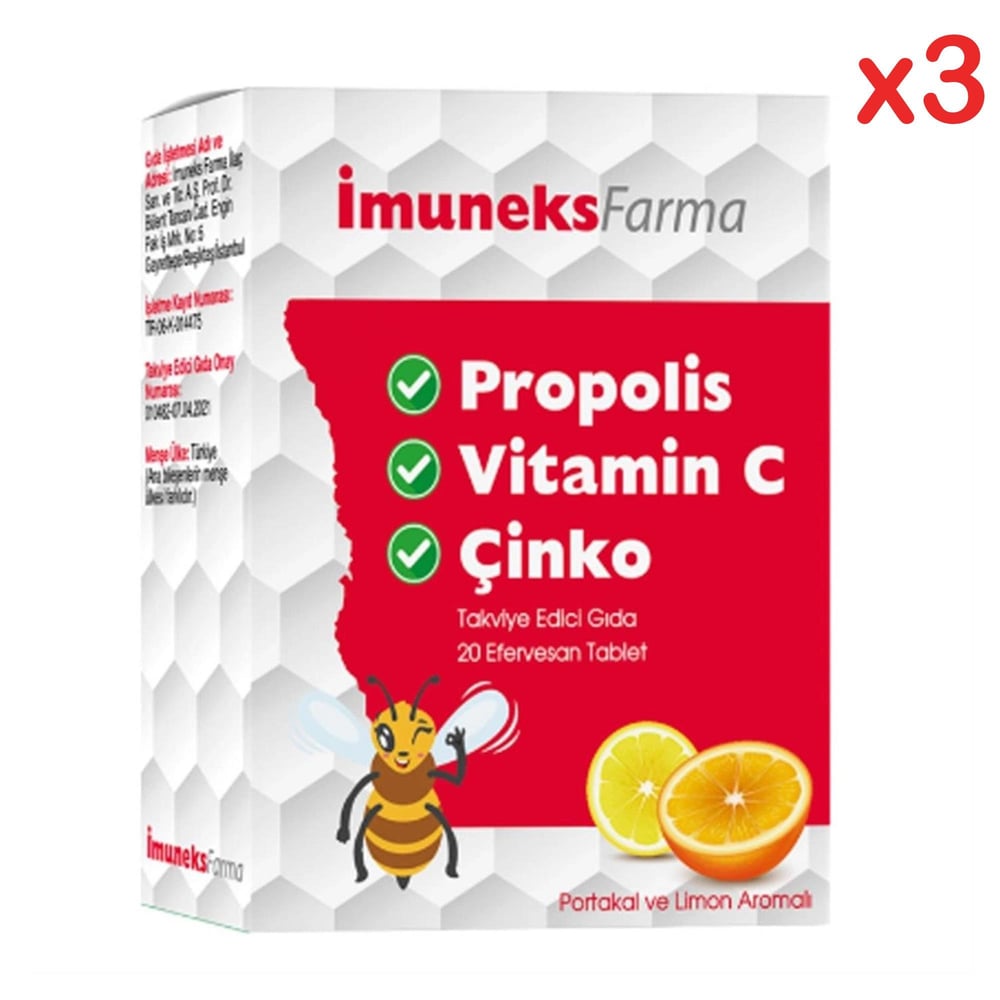 Imuneks Propolis Vitamin C Çinko içeren Takviye Edici Gıda 20 Efervesan Tablet 3 Adet