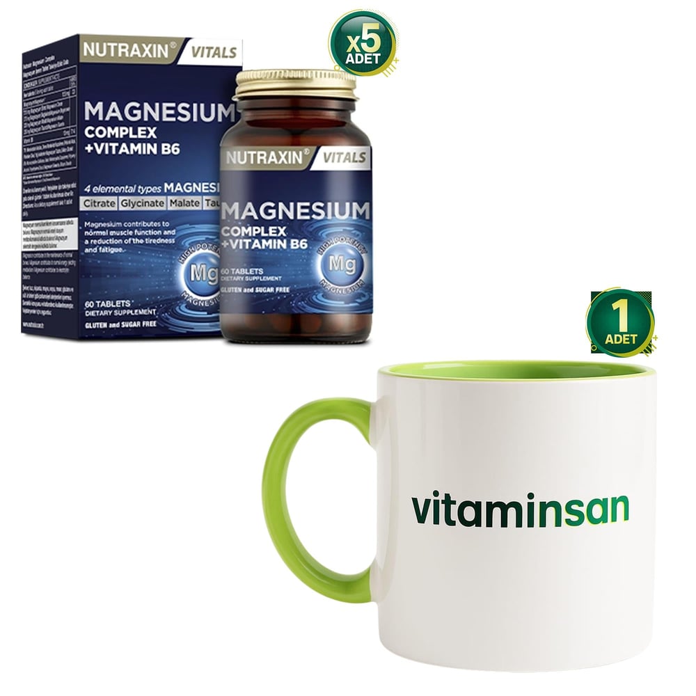 Nutraxin Magnesium Complex + Vitamin B6 60 Tablet 5 Adet Kupa Bardak Hediyeli