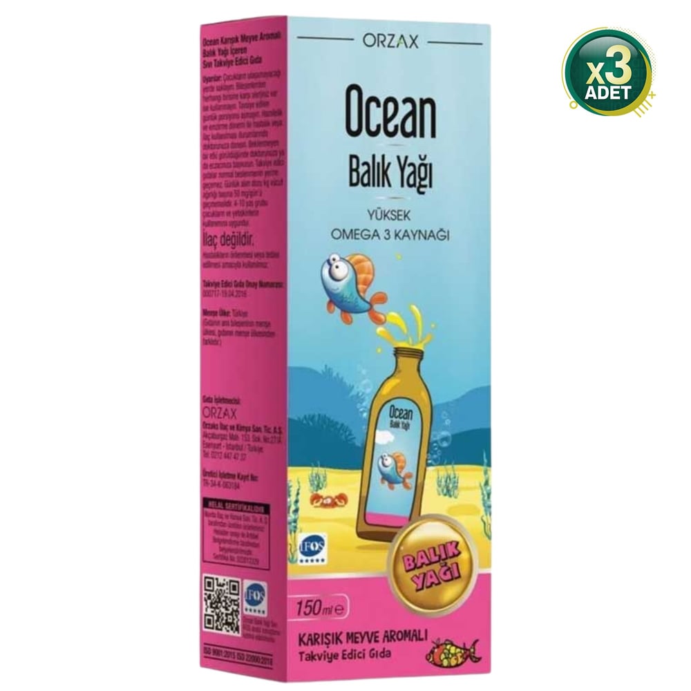 Ocean Karışık Meyve Aromalı Balık Yağı 150 ml Şurup 3 Adet