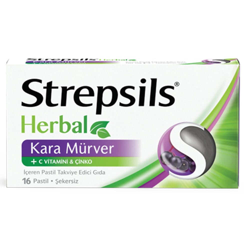 Strepsils Herbal Kara Mürver, C Vitamini Ve Çinko Içeren Şerkersiz Takviye Edici Gıda 16 Pastil