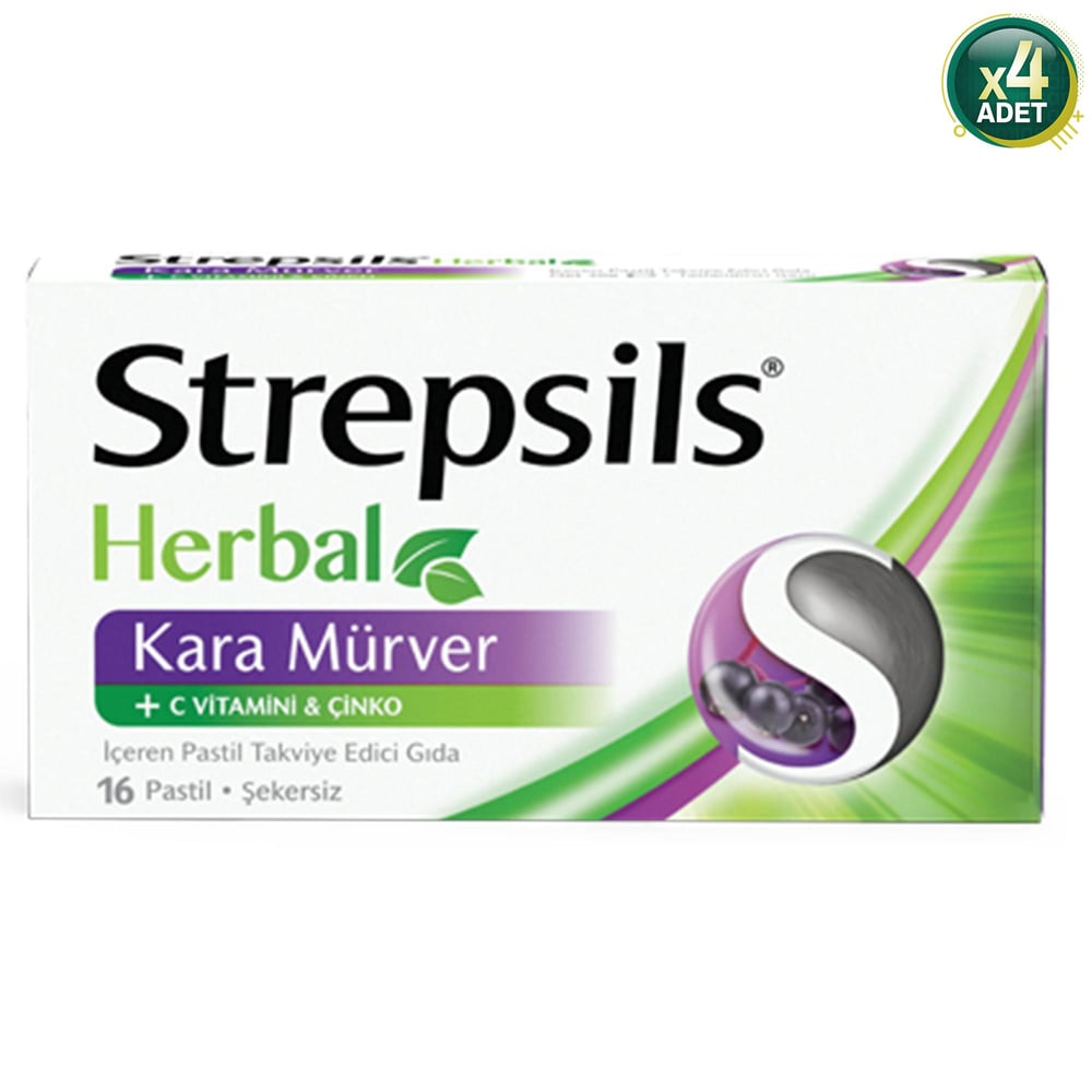 Strepsils Herbal Kara Mürver ve C Vitaminli 16'lı Pastil 4 Adet