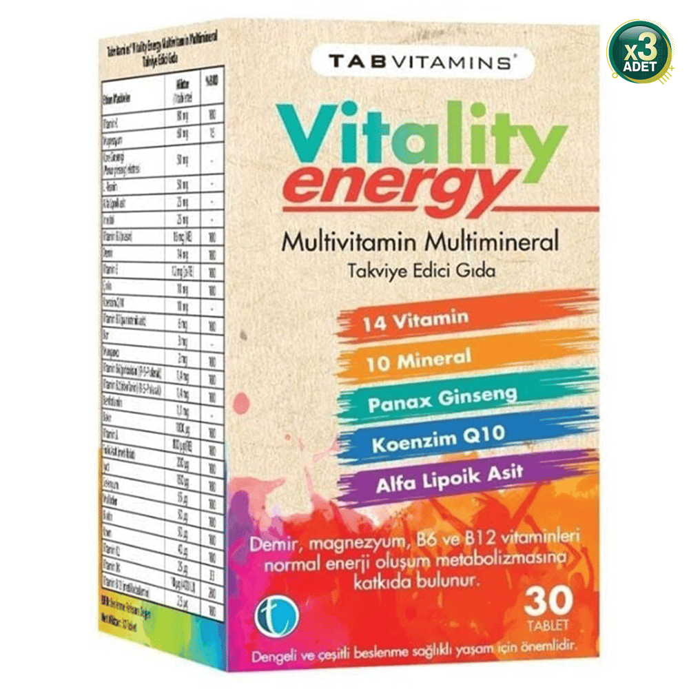 TABVITAMINS Vitality Energy 30 Tablet Multivitamin Multimineral x 3 Adet