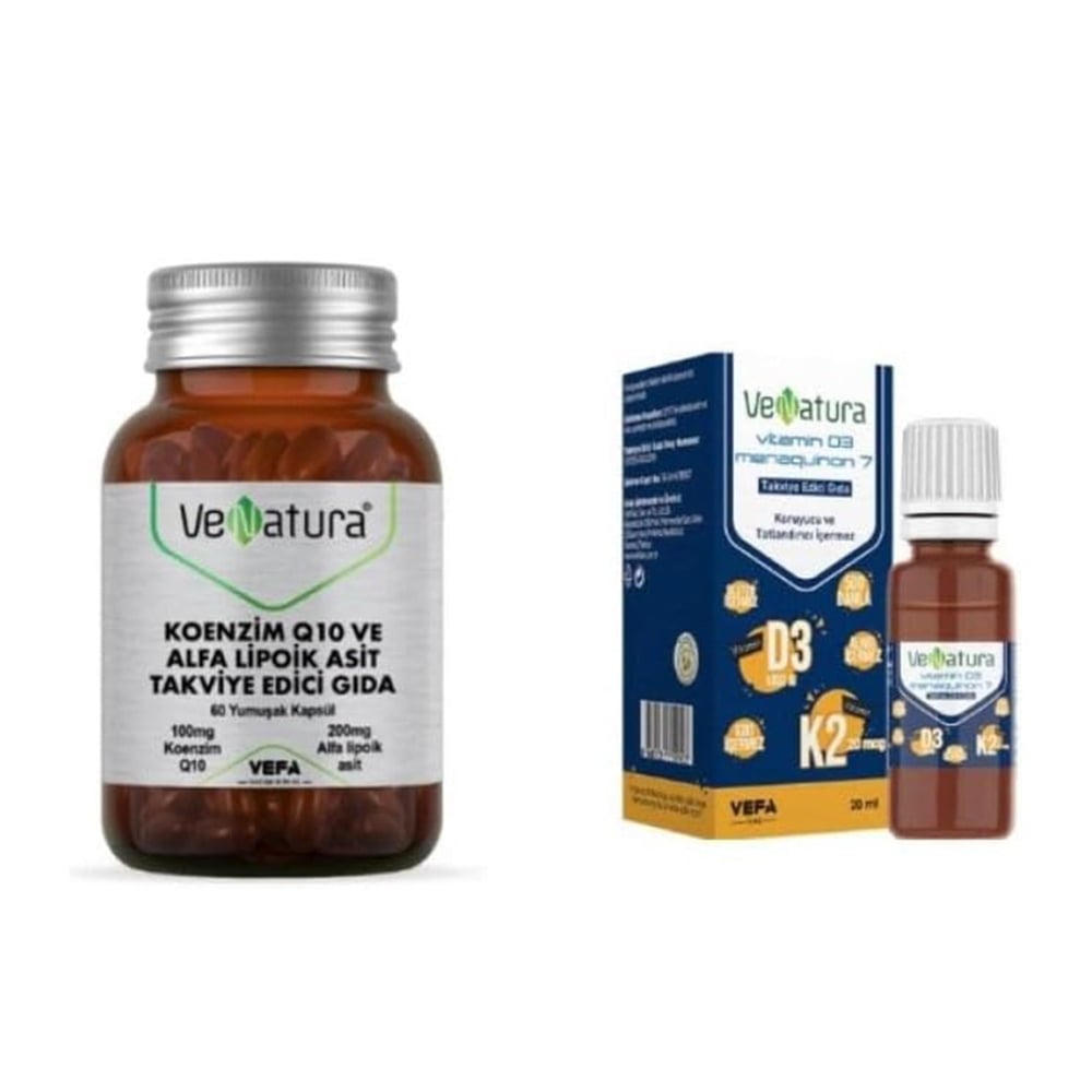 VeNatura Koenzim Q10 ve Alfa Lipoik Asit Takviye Edici Gıda 60 Kapsül + D3 K2 Damla 20 ml