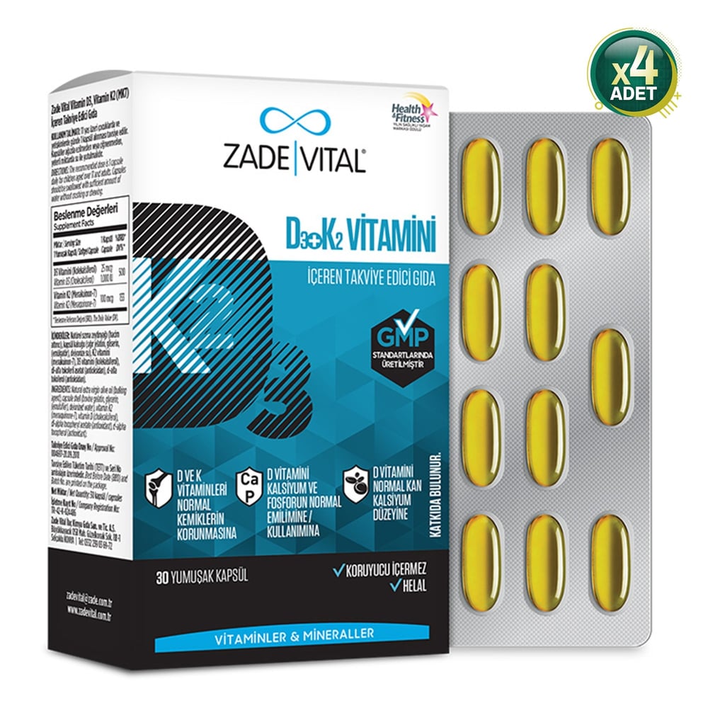 Zade Vital D3+K2 Vitamini 30 Kapsül 4'Lü Paket