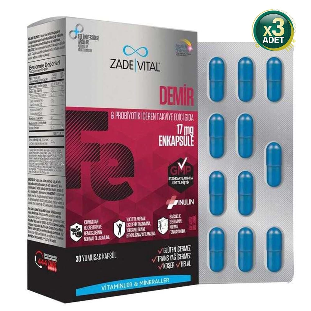 Zade Vital Demir ve Prebiyotik 30 Kapsül 3 Adet