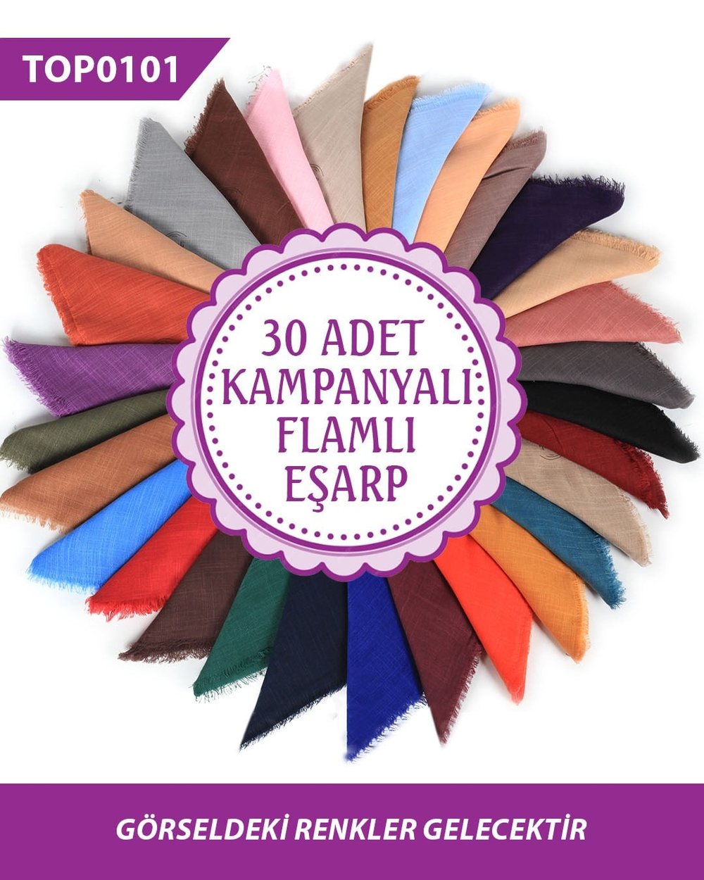 30 adet DAĞITMALIK HEDİYELİK Düz Renk Flamlı Eşarp TOP0101-30