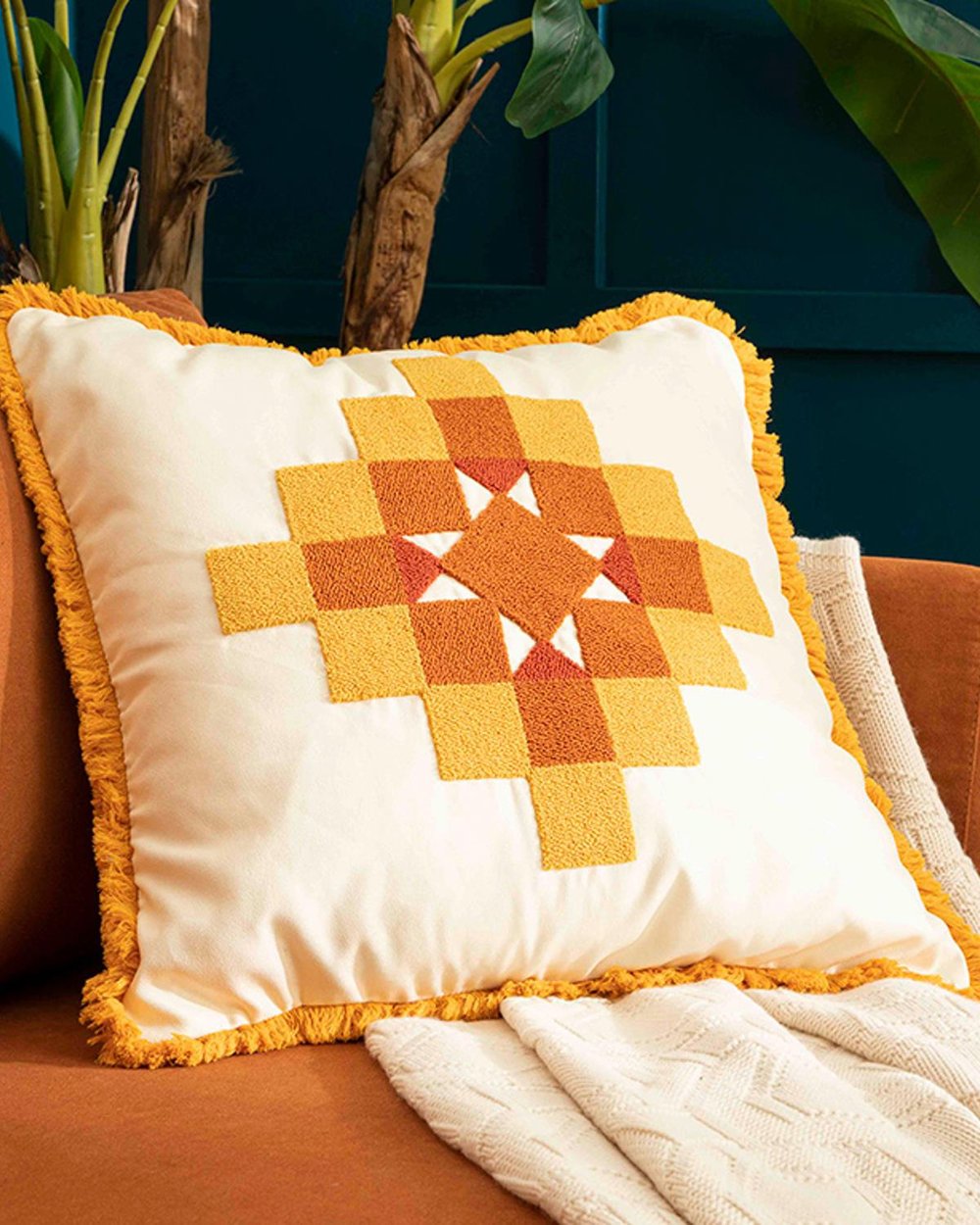Abrazo Punch Needle Embroidered Big Toss Pillow 55x55 cm Ecru