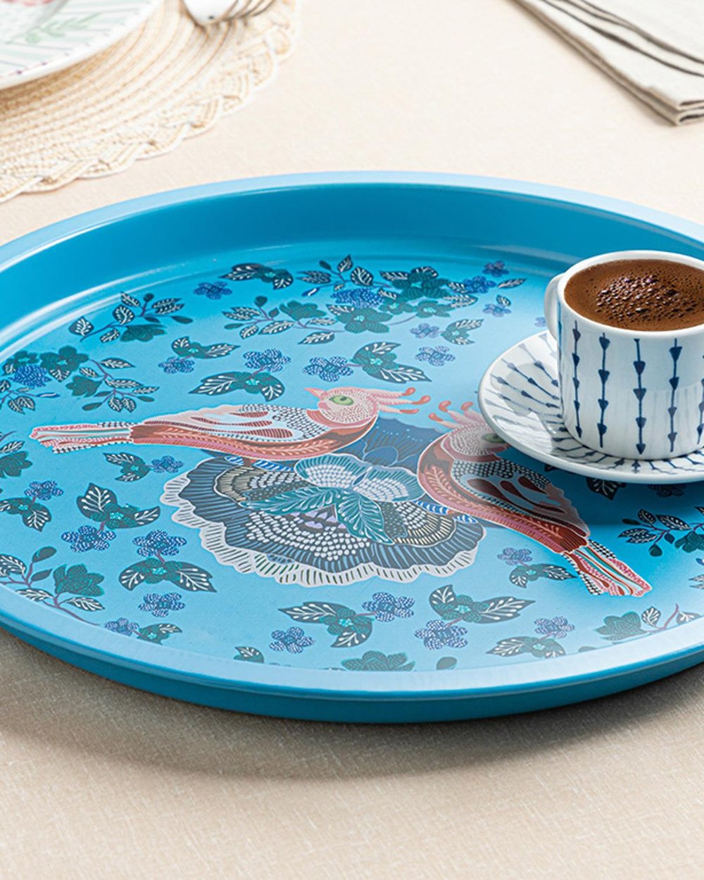 Autumn Birds Metal Round Tray 34 cm Blue