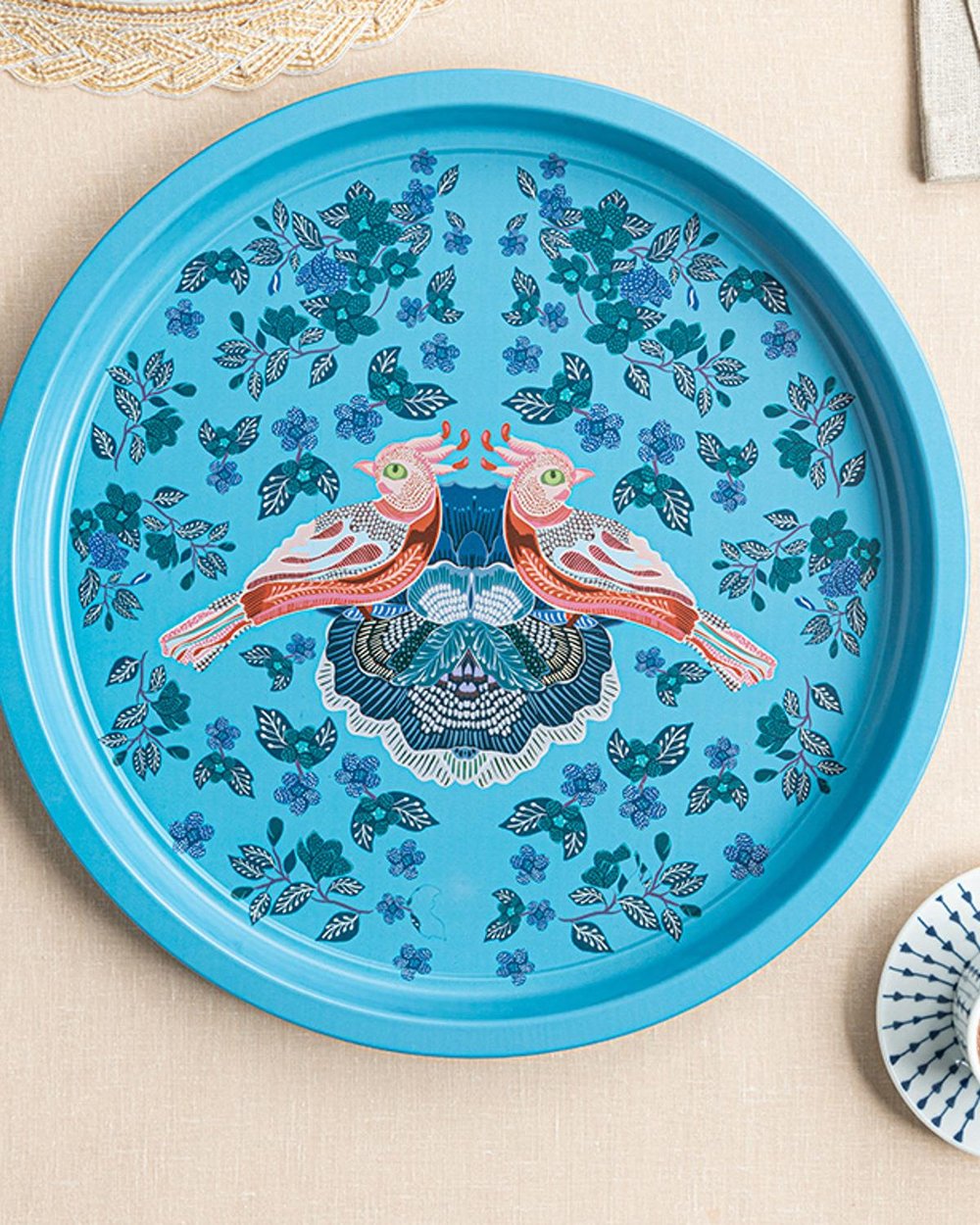 Autumn Birds Metal Round Tray 34 cm Blue