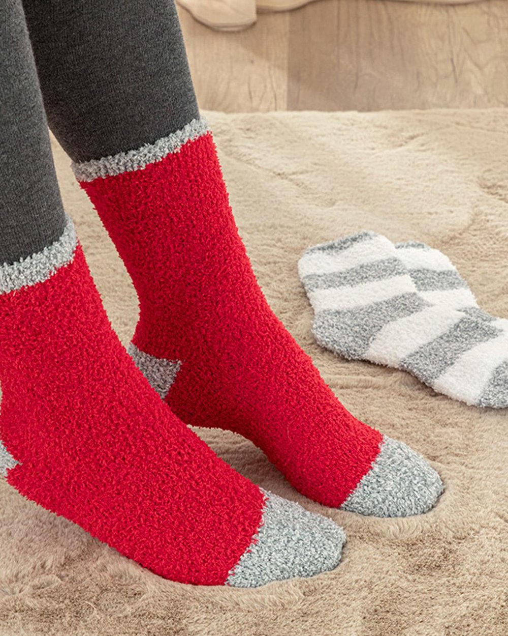 Basic Stripes Плюшени Чорапи Дамски 2 Бр., Плюш, Сиво-Червено, 36-40