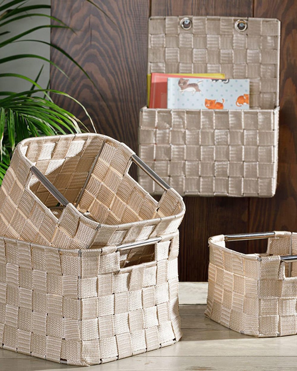 Checked Polypropylene Basket 21x21x15 cm White - Beige