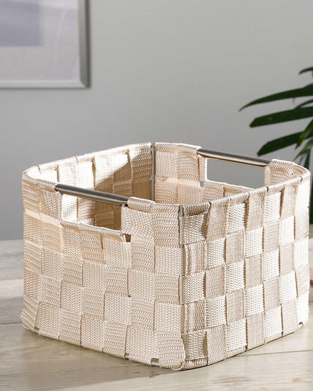 Checked Polypropylene Basket 21x21x15 cm White - Beige