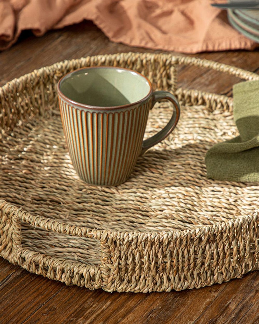 Ella Straw Round Tray 35 cm Brown