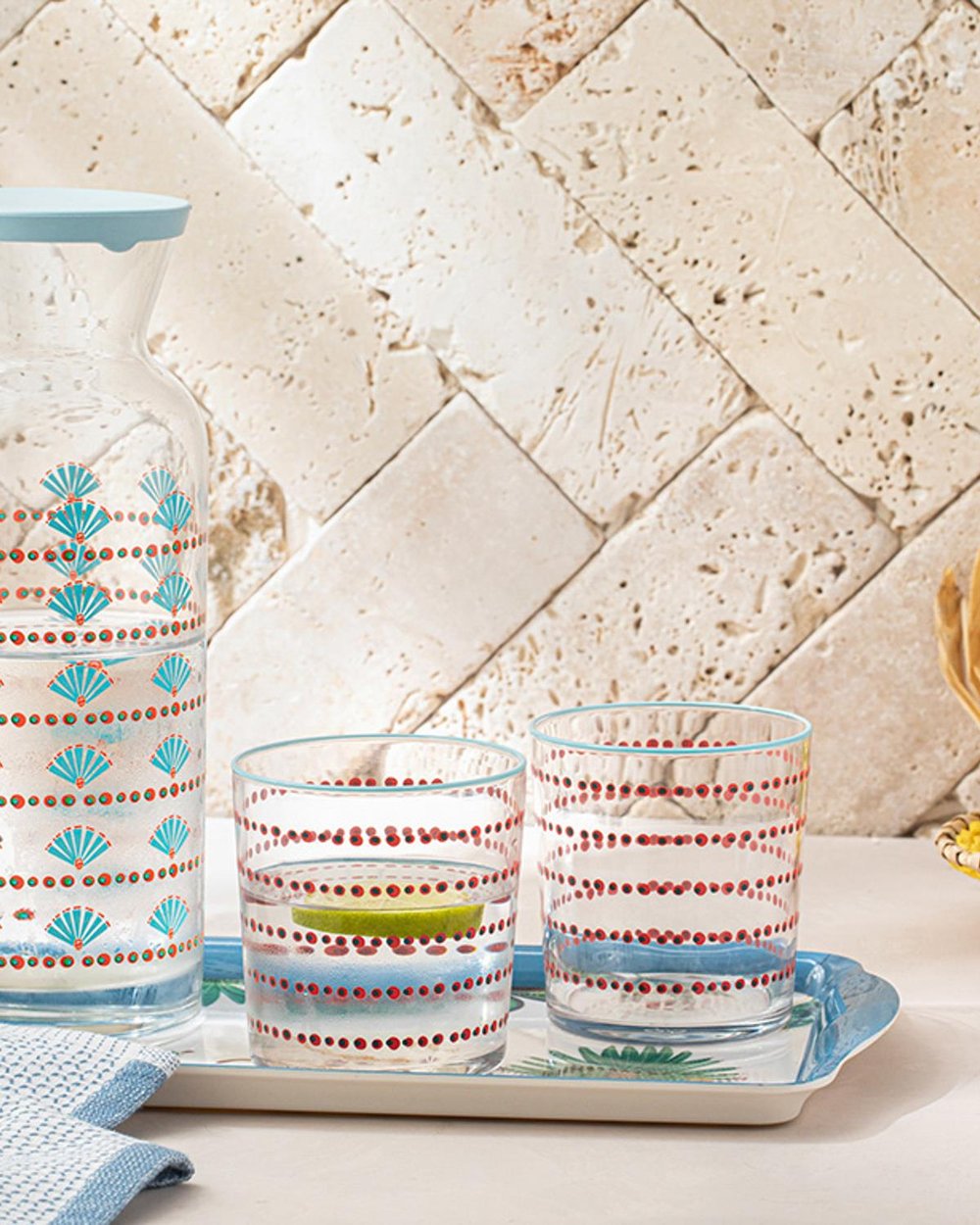 Exotic Art Glass 3 Pieces Jug And Glasses Set 1260 ml Blue-Pink
