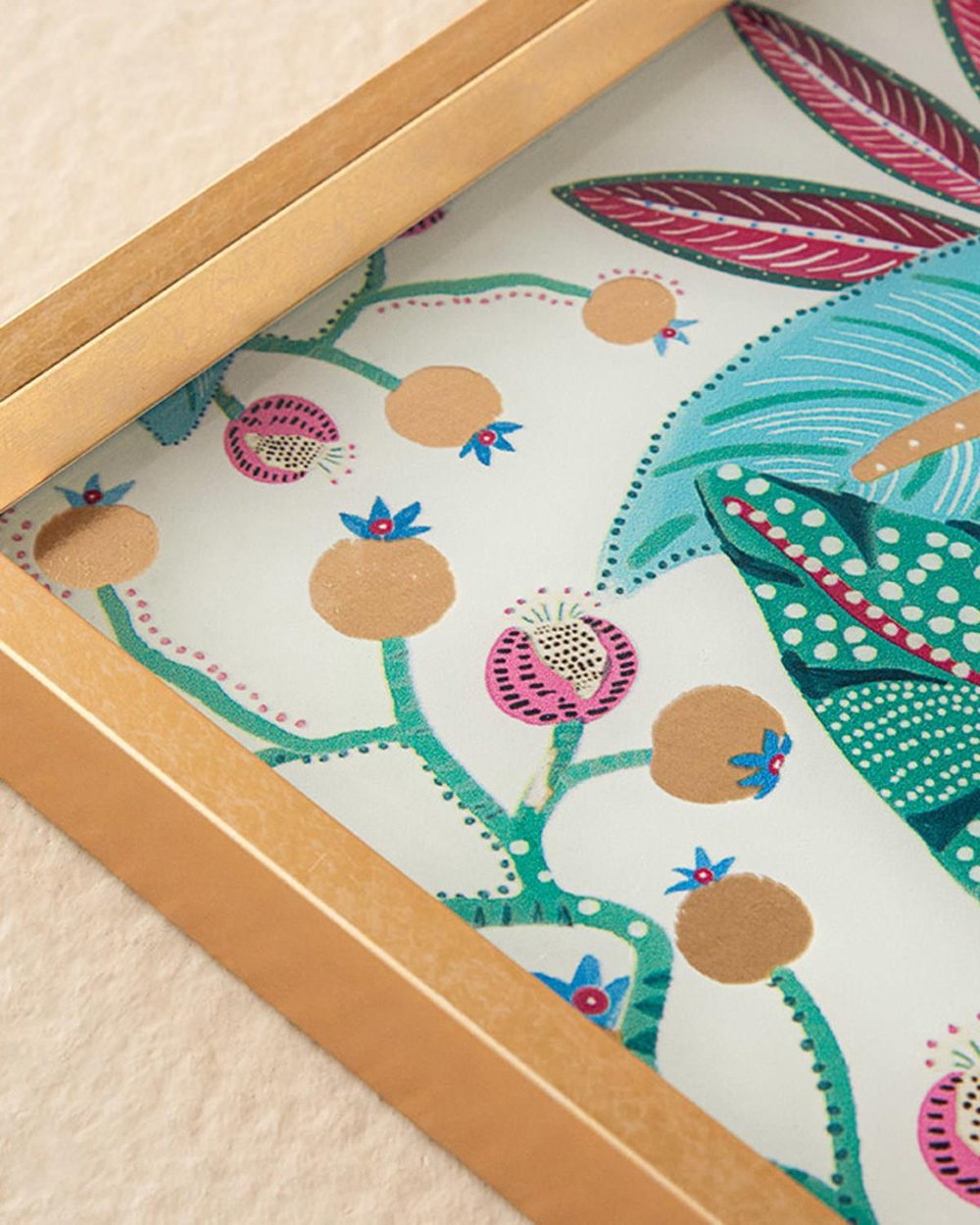 Exotic Leaves Glass Decorative Tray 33x33 cm White-Gold.