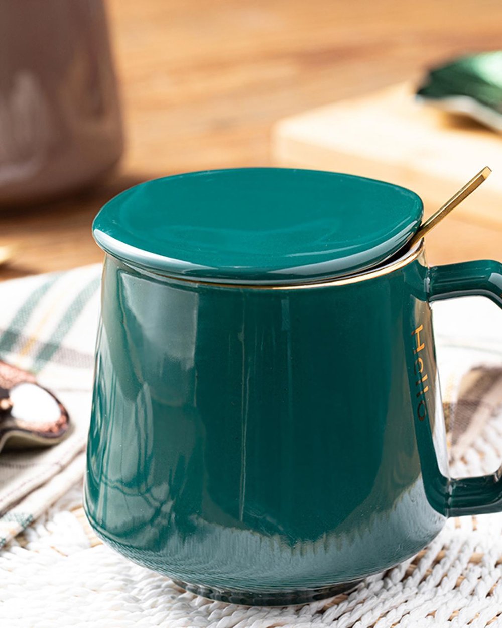 Felicia Чаша С Капак И Лъжица, New Bone China, Зелено, 380 Ml