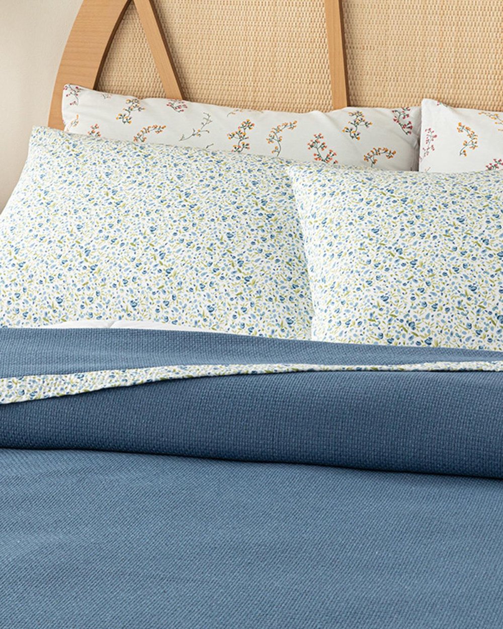 Floral Joy Desenli Biyeli Double Person Summer Blanket Set 200x220 cm Blue